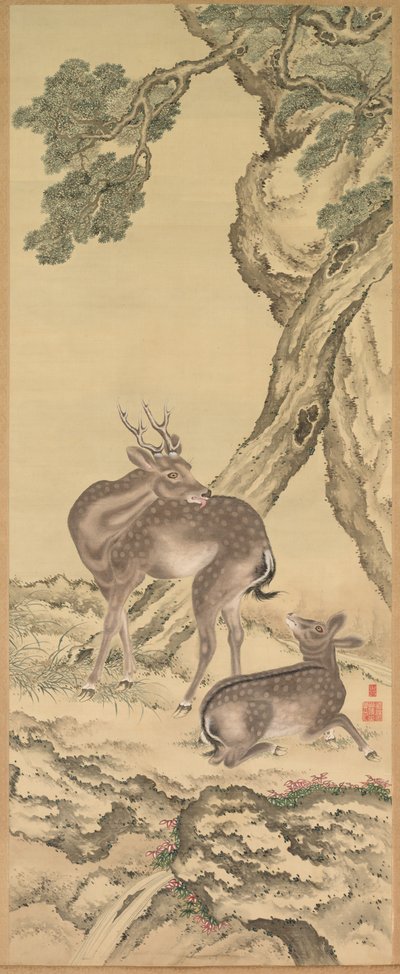 Symboly dlouhověkosti: Jelen pod broskví a borovice Broskev vlevo, 1801. od Toda Tadanaka