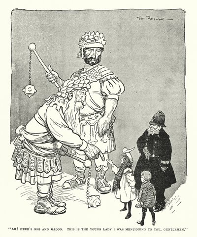 "Ach! Tady je Gog a Magog, tohle je ta mladá dáma, o které jsem se vám zmiňoval, pánové" (litho) od Tom Browne