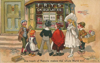 Děti se dívají do výlohy obchodu s čokoládou Fry