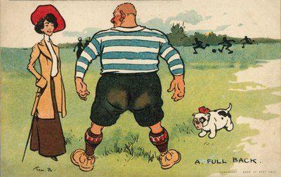 Velký fotbalista se ženou venčící psa (barevná litografie) od Tom Browne