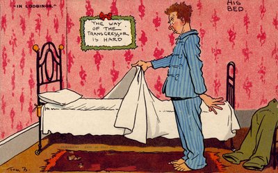 Muž přemýšlí o své nepohodlné jednolůžkové posteli (barevná litografie) od Tom Browne