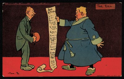 Muž čte dlouhý účet od svého instalatéra (chromolitho) od Tom Browne