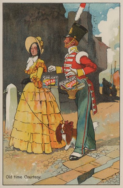 Voják a žena v gruzínských šatech: reklama na mýdlo Sunlight (barva litho) od Tom Browne