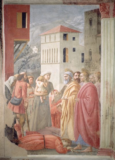 Svatý Petr rozdává společné statky církve a Ananiášova smrt, kolem roku 1427 od Tommaso Masaccio