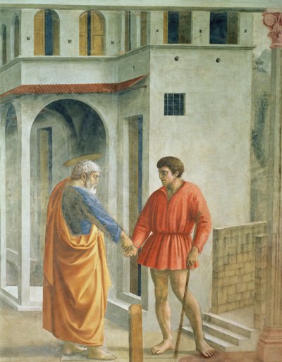 Dávka Peníze, které svatý Petr platí výběrčímu daní - detail fresky 31642, asi 1427 od Tommaso Masaccio