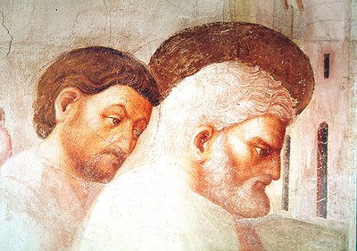 Detail hlavy svatého Petra z obrazu Vzkříšení Tabity, asi 1427 od Tommaso Masolino da Panicale