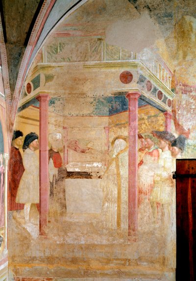 Život svatého Jana Křtitele: Zvěstování svatému Zachariášovi - Freska od Tommaso Masolino da Panicale