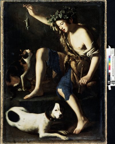 Mladý ovčák si hraje s kočkou (Young shepherd playing with a cat). Obraz Tommaso Salini (cca 1575-1625). Olej na dřevě od Tommaso Salini