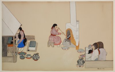 Women Weaving and Supervising Kiln, počátek 20. století (kasein na papíře) od Tonita Peña