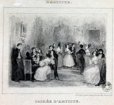 Umělecký večer: míčové a karetní hry během buržoazního večera Kresba Antoine Johannot dit Tony Johannot (1803-1852) 1831 Paříž, Bibliotheque de l