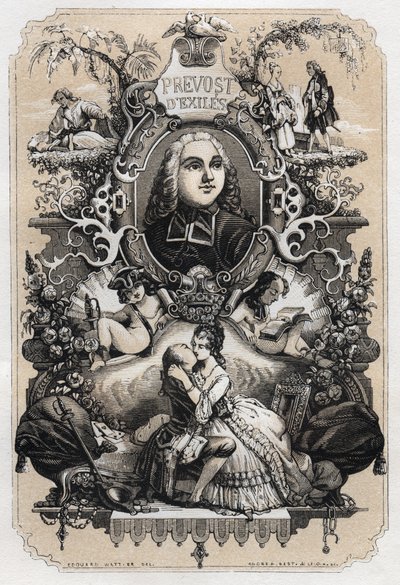 Frontispis „Histoire de Manon Lescaut et du Chevalier Des Grieux“ od Abbe Prevost (Antoine Francois Prevost) (1697-1763) - vydání z roku 1839 ilustrované Tonym Johannotem (1803-1852) od Tony Johannot