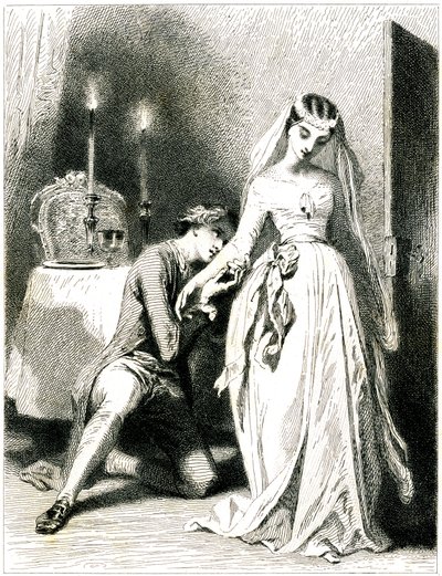 Vzdychající milenec klečící u nohou své krásné zasnoubenky v interiéru osvětleném svíčkami - dívka v romantických šatech a účesu - rytina (lept 1845) od Tony Johannot (Antoine Johannot dit od Tony Johannot