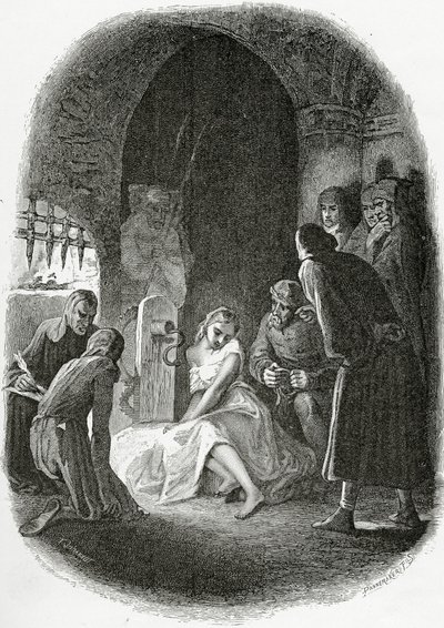 Výslech Esmeraldy - ilustrace z Notre Dame de Paris, 19. století (č. rytina) od Tony Johannot