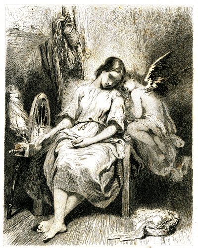 Mladá žena (přadlena) spí u kola - přes rameno se jí sklání anděl - spánek - sen - snění - láska - rytina (lept 1845), autor: Tony Johannot (Antoine Johannot dit od Tony Johannot