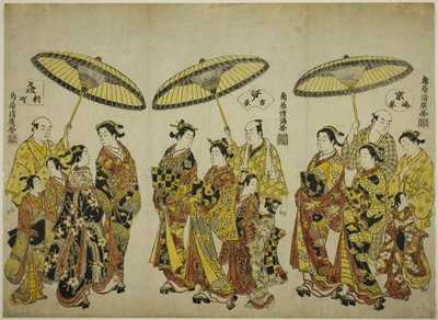 Krásy tří hlavních měst: Šimabara v Kjótu (vpravo), Jošivara v Edu (uprostřed) a Šinmači v Ósace (vlevo). od Torii Kiyohiro