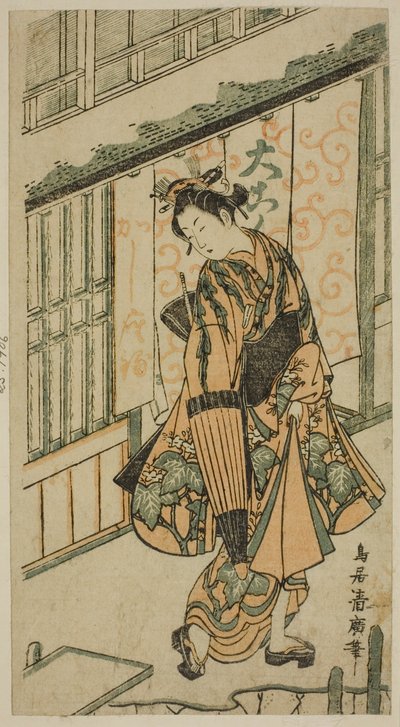 Mladá žena držící deštník od Torii Kiyohiro