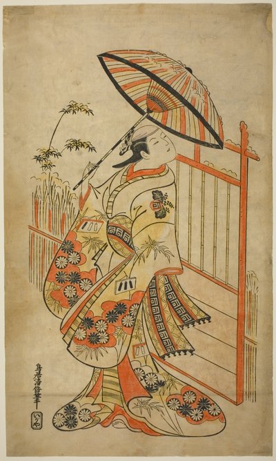 Herec Sanogawa Mangiku I jako Sanada, dcera přadleny Itoyi, ve hře „Hiragana Yomeiri Izu Nikki“, hrál v divadle Nakamura v jedenáctém měsíci, 1718 od Torii Kiyomasu II