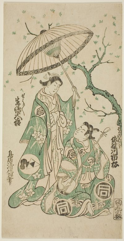 Herci Sanogawa Ichimatsu I jako Soga no Goro a Ikushima Daikichi II jako Kewaizaka no Shosho ve hře „Monzukushi Nagoya Soga“, která byla uvedena v divadle Ichimura v prvním měsíci roku 1748 od Torii Kiyomasu II