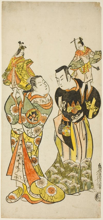 Herci Yamashita Kinsaku I a Hayakawa Hatsuse jako loutkáři ve hře „Deník vedený na cestě po moři do Izu“ („Funadama Izu Nikki“), uvedené v divadle Nakamura v prvním měsíci roku 1725 od Torii Kiyomasu II