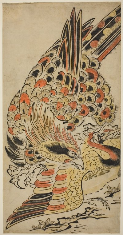 A Hawk Capturing a Crane in Flight, cca 1715 (ručně kolorovaný dřevotisk) od Torii Kiyomasu I
