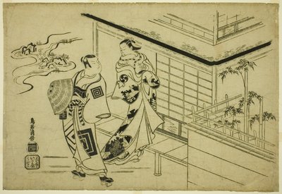 Herci Nakamura Takesaburo I jako Kewaizaka no Shosho a Ichikawa Danjuro II jako Soga no Goro ve hře „Bando Ichi Kotobuki Soga“, hráli v divadle Nakamura v prvním měsíci roku 1715 od Torii Kiyomasu I