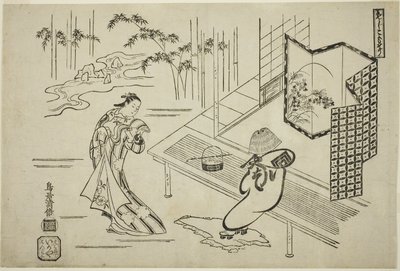 Herci Nakamura Takesaburo I jako Kewaizaka no Shosho a Ichikawa Danjuro II jako Soga no Goro v kostýmech komuso ve hře "Bando Ichi Kotobuki Soga", která se hrála v divadle Nakamura v prvním měsíci. od Torii Kiyomasu I