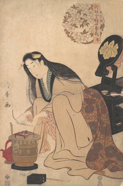 Lady Uspořádání Binsashi Podpora pro vlasy nad chrámy, aby vložil její vlasy, ca..., ca. 1808. od Torii Kiyomine
