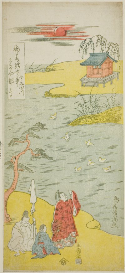Básník Ariwara no Narihira na břehu řeky Sumida od Torii Kiyomitsu I