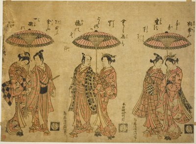 Tři páry sdílející deštníky od Torii Kiyomitsu I