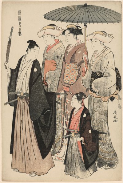 Mladý šlechtic, jeho matka a tři sluhové, ze série „Brokád východních mravů (Fuzoku Azuma no nishiki)“ od Torii Kiyonaga
