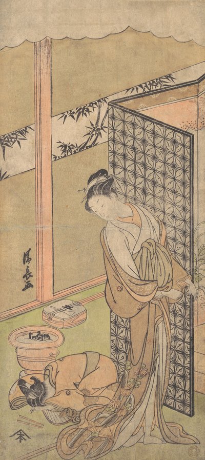Oiran v nočním oblečení, pauza, s jednou rukou na obrazovce, která obklopuje její postel,..., ca. 1770. od Torii Kiyonaga
