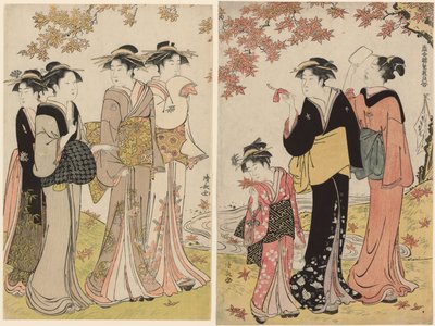 Krásky pod javorem, ze série „Sbírka současných krásek z požitkářských čtvrtí (Tosei yuri bijin awase)“ od Torii Kiyonaga