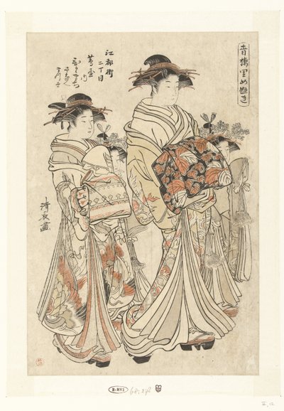 Courtisane Hitomachi uit het Tsutaya huis met haar kamuro Sanae en Matsuyo Edocho nichome Tsutaya uchi Hitomachi Sanae Matsuyo (titul na objektu) Belangrijke personen uit de lusthuizen (název série) Seiro Satomenuki (titul na objektu) od Torii Kiyonaga