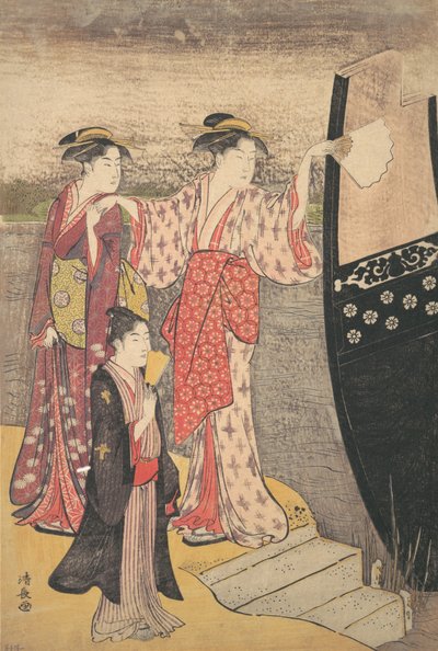 Vylodění z výletní lodi na řece Sumida. od Torii Kiyonaga
