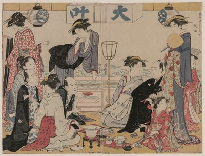Zábava na balkóně u vody v Nakasu, ze série, Sbírka krásných moderních žen z Pleasure Quarters od Torii Kiyonaga
