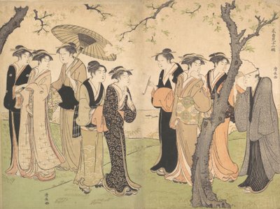 Skupina šesti gejš pod třešňovými stromy na Gotenyamě, ca. 1785. od Torii Kiyonaga