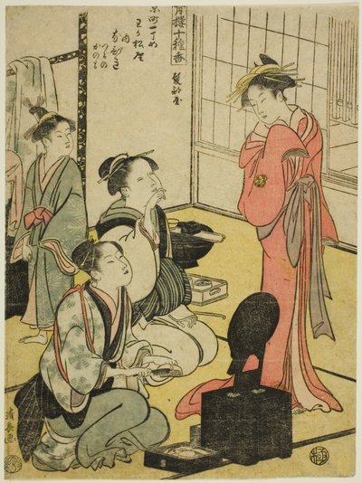Kadeřnictví (Kamibeya), ze série "Deset druhů kadidla v požitkářských čtvrtích (Seiro jisshu ko)" od Torii Kiyonaga