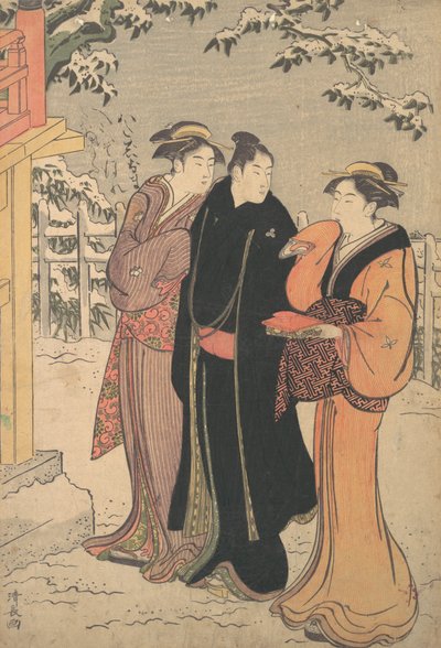 Muž v černém haori kabátu a dvě ženy se blíží k chrámu. od Torii Kiyonaga