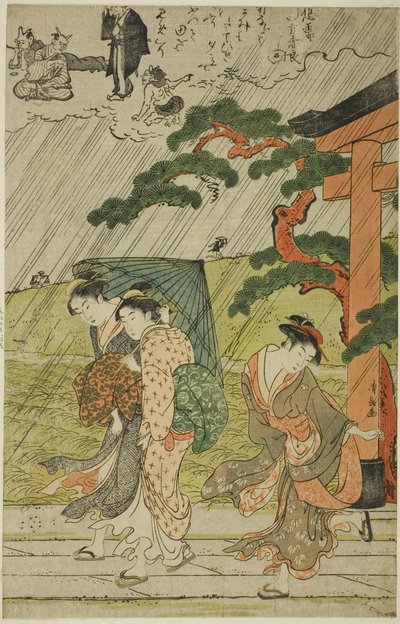 Náhlá sprcha ve svatyni Mimeguri od Torii Kiyonaga