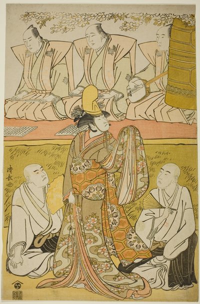 Herec Nakamura Nakazo I jako Shirabyoshi Katsuragi, Matsumoto Koshiro IV jako mnich Meigetsubo a Otani Hiroji III jako mnich Izayoibo ve hře „Edoganoko Musume Dojoji“, kterou uvedli v divadle Ichimura v osmém měsíci, 1783 od Torii Kiyonaga