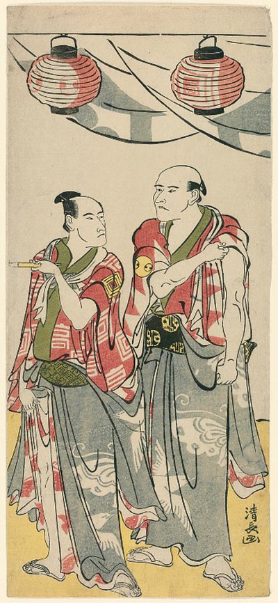 Herci Arashi Ryuzo II a Ichikawa Komazo III, z pentaptychu jedenácti herců oslavujících festival svatyně bratří Soga od Torii Kiyonaga