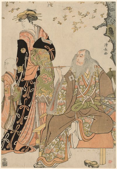 Herci Ichikawa Danjuro V jako Hige no Ikyu, Nakamura Riko jako Agemaki a Ichikawa Ebizo jako Agemakiho ošetřovatel ve hře "Sukeroku Yukari no Edozakura" v divadle Nakamura ve třetím měsíci roku 1784. od Torii Kiyonaga