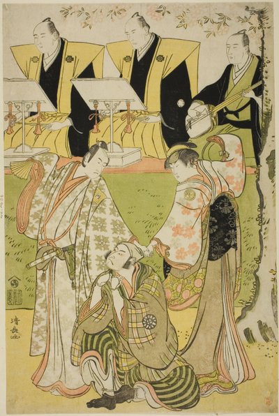 Herci Ichikawa Monnosuke II jako Munesada, Segawa Kikunojo III jako kurtizána Sumizome a Nakamura Nakazo I jako Sekibei ve hře „Tsumoru Koi Yuki no Seki no To“, hráli v divadle Kiri v jedenáctém měsíci, 1784. od Torii Kiyonaga