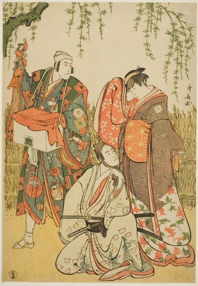 Herci Ichikawa Yaozo III jako Shiragiku, Ichikawa Danjuro V jako loutkář Dekurokubei a Sawamura Sojuro III jako Soga no Juro v joruri „Shinobukoi Yanagi no Katsura Otoko“ vystoupili v divadle Nakamura v prvním měsíci, 1785 od Torii Kiyonaga