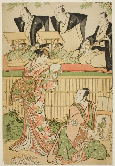 Herci Matsumoto Koshiro IV jako Ukita Sakingo a Sawamura Sojuro III jako duch kurtizány Takao ve hře „Ominaeshi Sugata no Hatsuaki“, uvedené v divadle Nakamura, 1788 od Torii Kiyonaga
