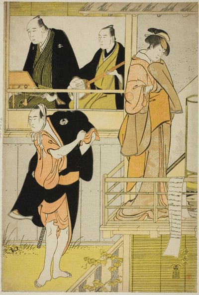 Herci Nakamura Riko I jako Tanbaya Otsuma a Ichikawa Yaozo III jako Furuteya Hachirobei v joruri "Sakamachi Yoi no Yotsutsuji", hráli v divadle Nakamura ve třetím měsíci, 1785 od Torii Kiyonaga