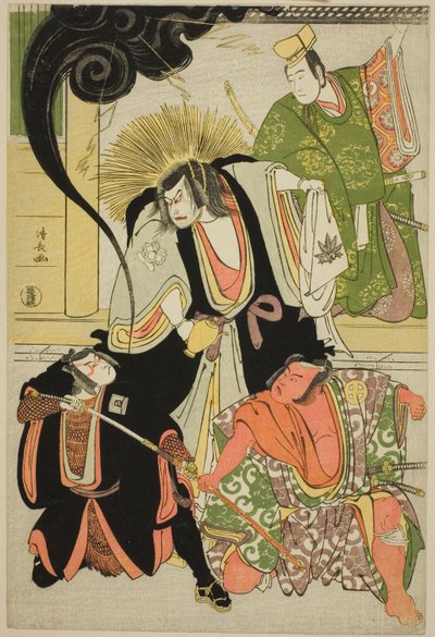 Herci Nakayama Kojuro VI (Nakamura Nakazo I) jako Hatchotsubute no Kiheiji, Otani Hiroji III jako Miura Arajiro, Ichikawa Yaozo III jako Akugenta Yoshihira, Sawamura Sojuro III jako Taira no Shigemori v šóse „Fukyoku Edo Geisha“ vystoupili v Nathe Gejša od Torii Kiyonaga
