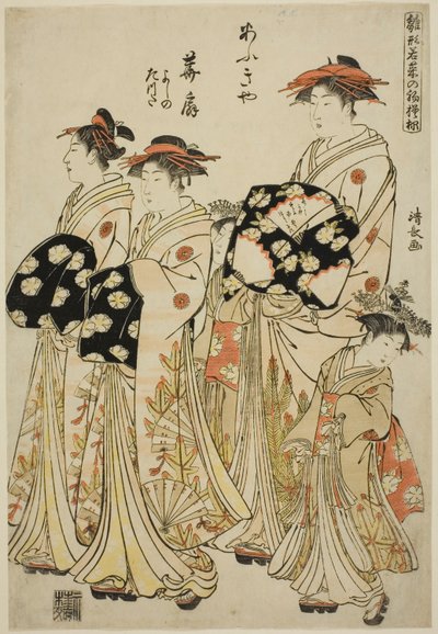 Kurtizána Hanaogi z Ogiya se svými průvodci Yoshino a Tatsuta, ze série "Modely pro módu: Nové vzory svěží jako mladé listy (Hinagata wakana no hatsu moyo)" od Torii Kiyonaga