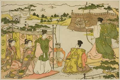 První cvičení lukostřelby nového roku (Yumi hajime), z ilustrované knihy "Barvy trojitého úsvitu (Saishiki mitsu no asa)" od Torii Kiyonaga