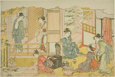 První koupel nového roku (Yudono hajime), z ilustrované knihy "Barvy trojitého úsvitu (Saishiki mitsu no asa)" od Torii Kiyonaga